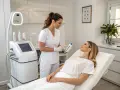 Kosmetolog prezentuje klientce preparat przed zabiegami dermatologicznymi.