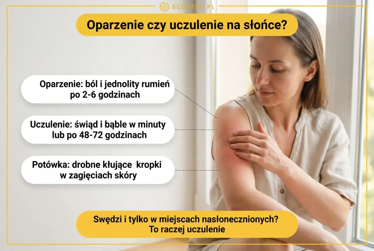 Kobieta z zaczerwienionym ramieniem, wskazującym na uczulenie na słońce. Obok tekst opisujący objawy oparzenia i uczulenia.
