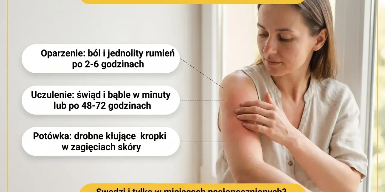Kobieta z zaczerwienionym ramieniem, wskazującym na uczulenie na słońce. Obok tekst opisujący objawy oparzenia i uczulenia.