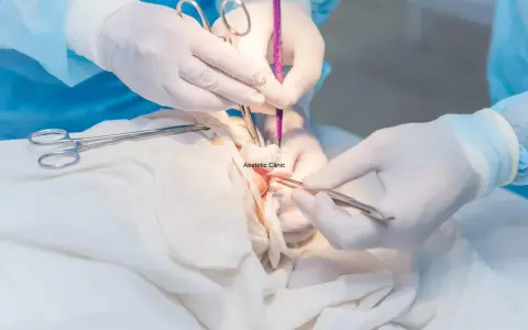 Chirurgiczne usuwanie kaszaka. Zespół medyczny w rękawiczkach używa narzędzi do precyzyjnego zabiegu.