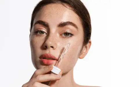 Kobieta aplikuje serum z pipetki na policzek. Skóra pełna piegów, nawilżona, z widocznym blaskiem. Kluczowe składniki: retinol i ceramidy.