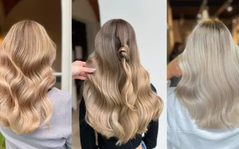 Trzy fryzury z falowanymi, blond włosami. Jedne z nich są w odcieniu miodowego blondu, drugie z subtelnym skrętem i ombre, a trzecie w bardzo jasnym, platynowym blondzie.