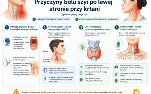 Ból po lewej stronie szyi przy krtani może być spowodowany infekcjami, asymetrią mięśni, chorobami tarczycy lub stresem.