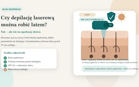 Depilacja laserowa latem jest możliwa, ale wymaga braku opalenizny i ochrony UV. Laser działa na włos, nie na opaleniznę.