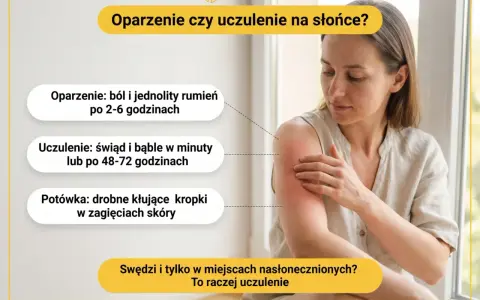 Kobieta z zaczerwienionym ramieniem, wskazującym na uczulenie na słońce. Obok tekst opisujący objawy oparzenia i uczulenia.