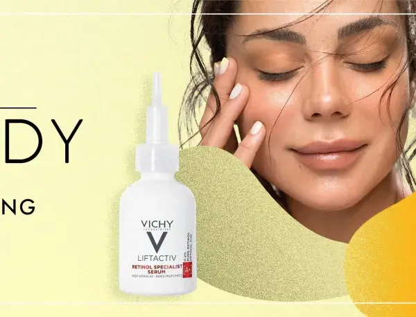Super trendy skin cycling: modelka z zamkniętymi oczami, kosmetyki z retinolem od Vichy, Pharmaceris i Resibo.