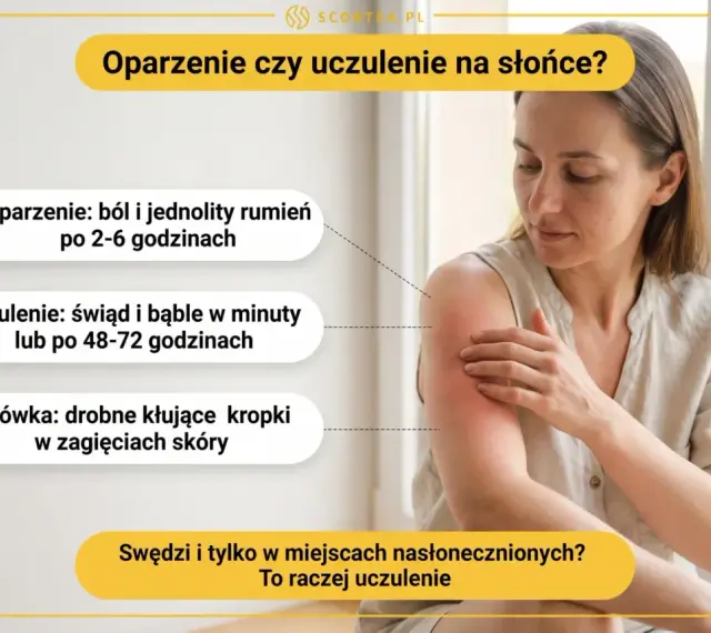 Kobieta z zaczerwienionym ramieniem, wskazującym na uczulenie na słońce. Obok tekst opisujący objawy oparzenia i uczulenia.