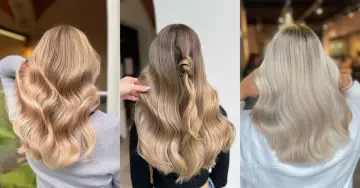Trzy fryzury z falowanymi, blond włosami. Jedne z nich są w odcieniu miodowego blondu, drugie z subtelnym skrętem i ombre, a trzecie w bardzo jasnym, platynowym blondzie.