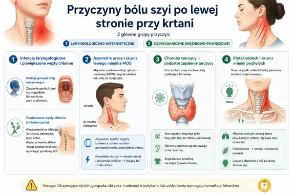 Ból po lewej stronie szyi przy krtani może być spowodowany infekcjami, asymetrią mięśni, chorobami tarczycy lub stresem.